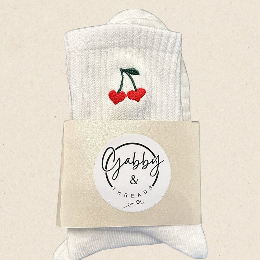 GRIP SOCKS - Cherry Heart Embroidered